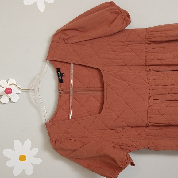 Madewell Quilted Aidy Square-Neck Puffed Sleeve Tiered Midi Dress Warm Umber - Picture 6 of 16